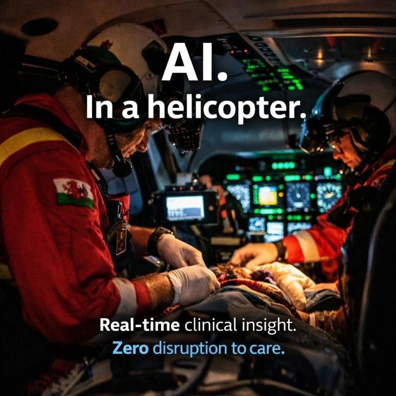 EMRTS Cymru clinicians caring for a patient inside the helicopter, with the words AI. In a helicopter.